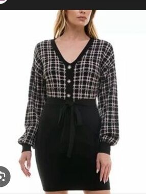 BCX Sweater Dress Small Black Cream Plaid Tie Waist Long Sleeve Button